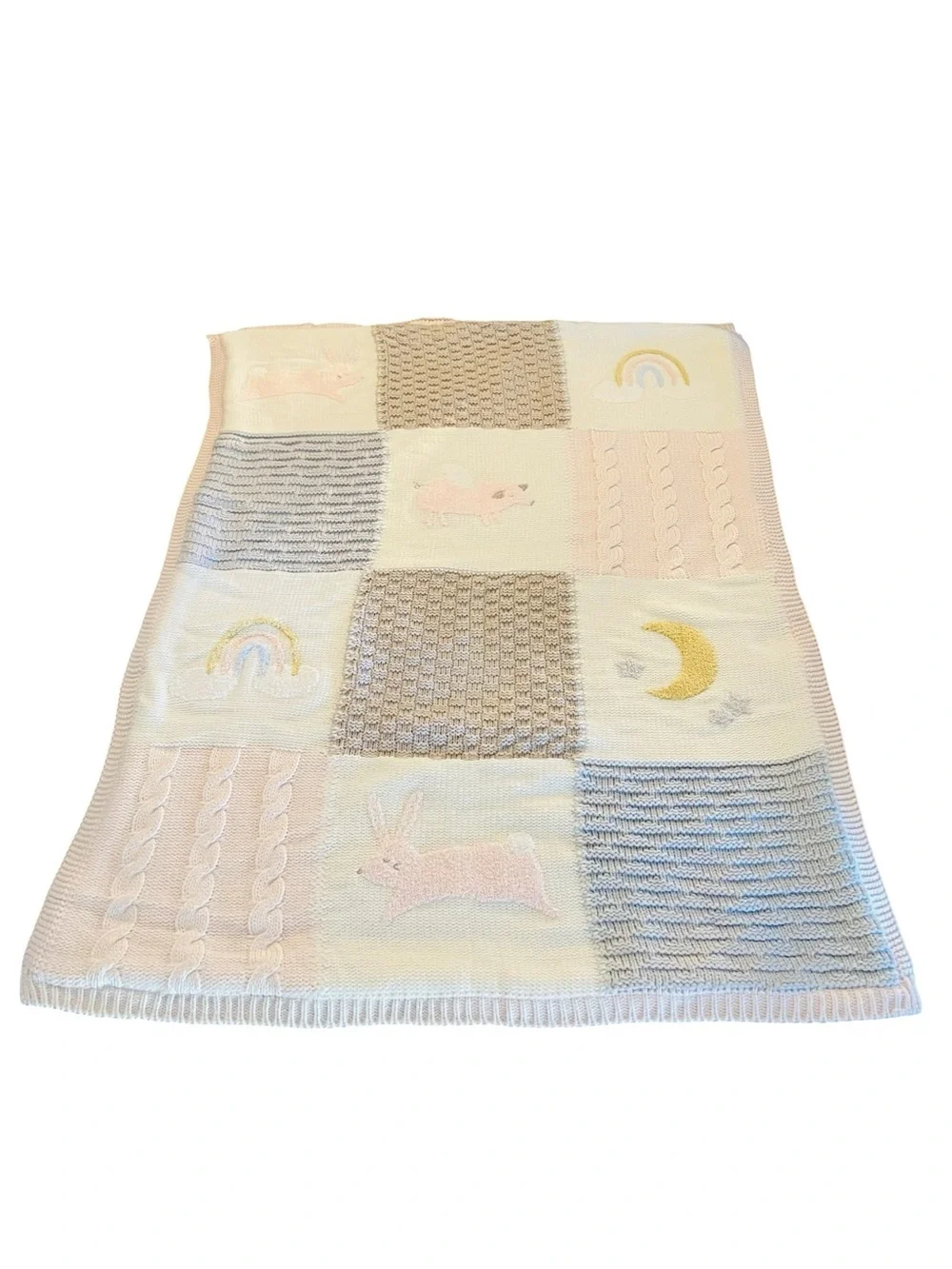 Pottery Barn Kids Pastel Patchwork Knit Baby Blanket - Pink, Cream, Gray, Yellow